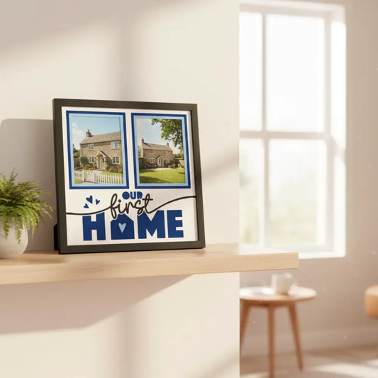 Decorative graphic with 'Our First Home' text and two blue frames on a white background.