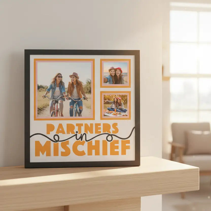 Decorative sign with 'Partners in Mischief' text and frames on a white background