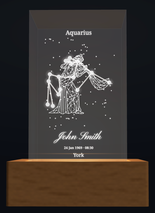Personalised Aquarius zodiac crystal design with name and birth details; shown with optional wooden light box base