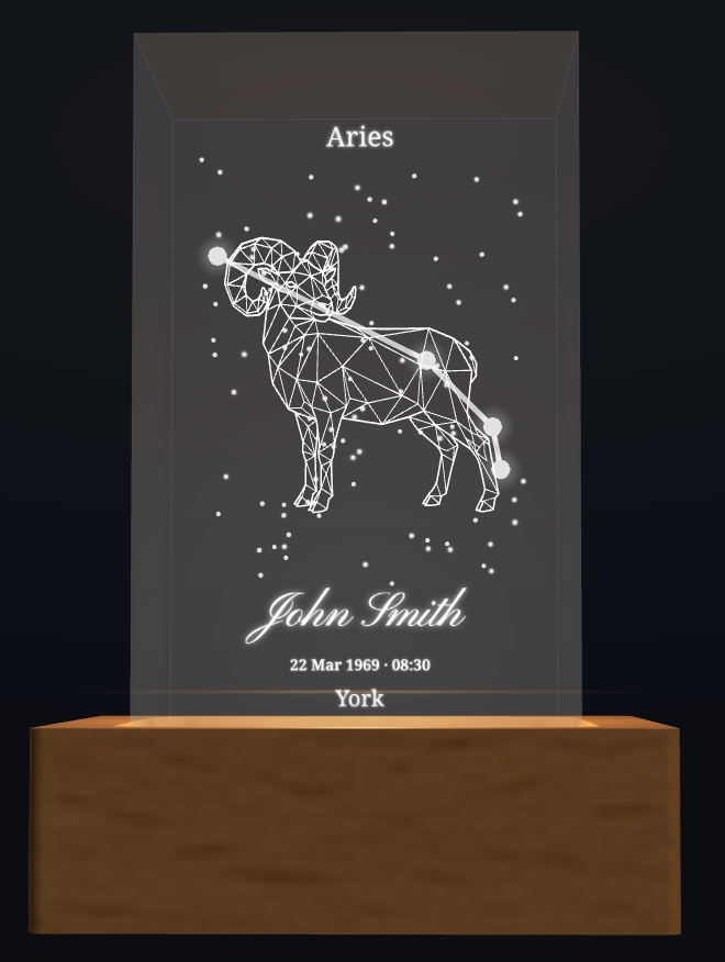 Personalised Aries zodiac crystal design with name and birth details; shown with optional wooden light box base