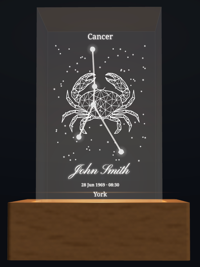Personalised Cancer zodiac crystal design with name and birth details; shown with optional wooden light box base