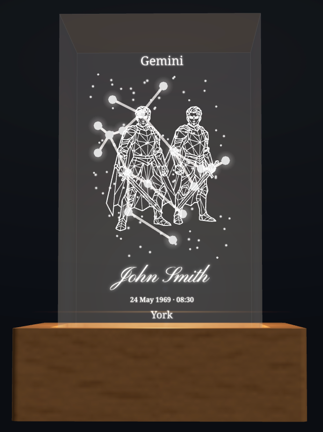 Personalised Gemini zodiac crystal design with name and birth details; shown with optional wooden light box base