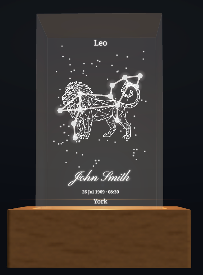 Personalised Leo zodiac crystal design with name and birth details; shown with optional wooden light box base