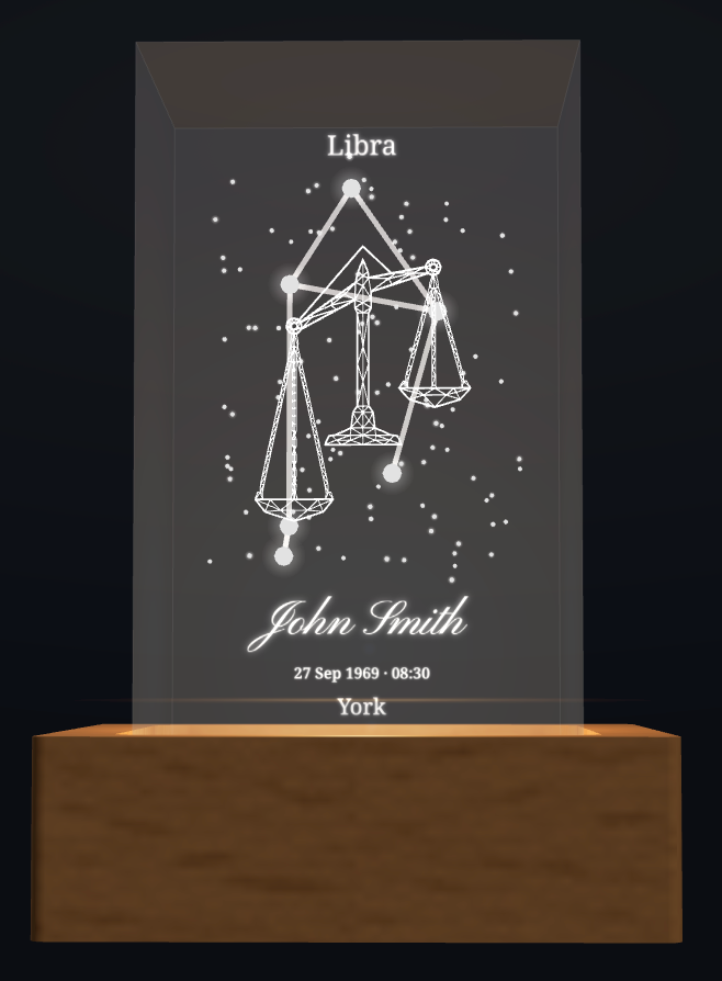Personalised Libra zodiac crystal design with name and birth details; shown with optional wooden light box base