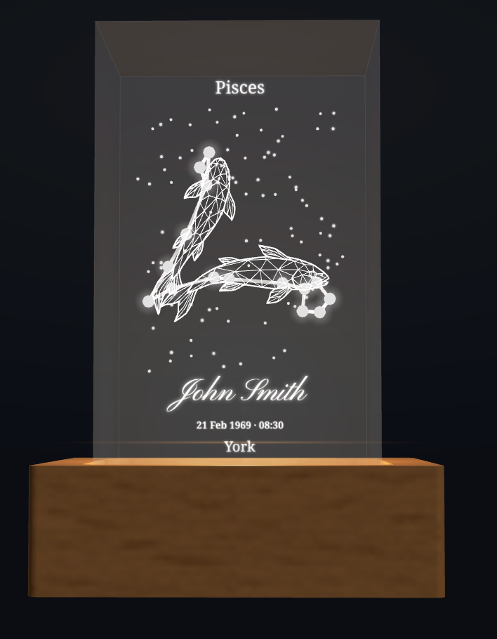 Personalised Pisces zodiac crystal design with name and birth details; shown with optional wooden light box base