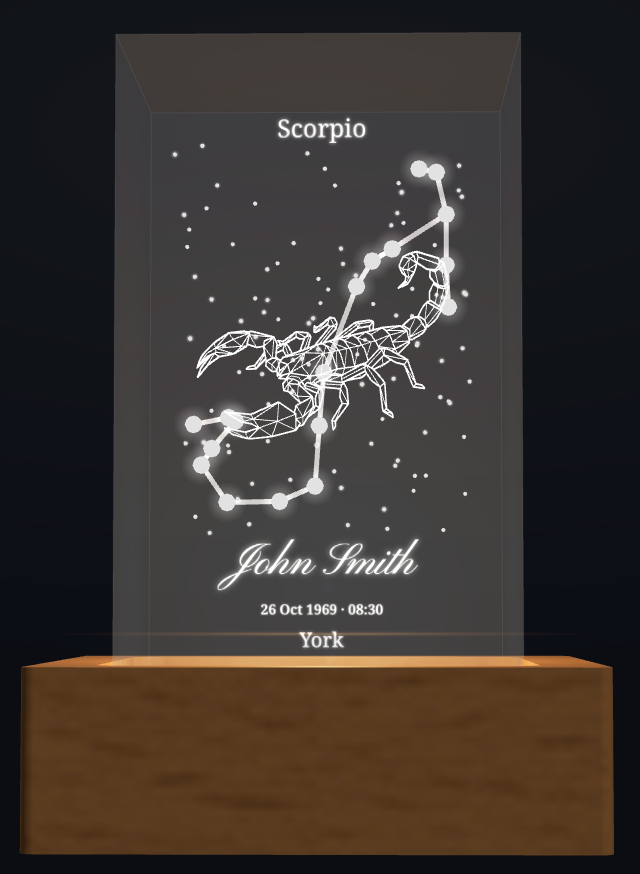 Personalised Scorpio zodiac crystal design with name and birth details; shown with optional wooden light box base