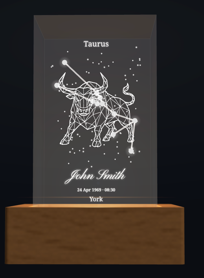 Personalised Taurus zodiac crystal design with name and birth details; shown with optional wooden light box base