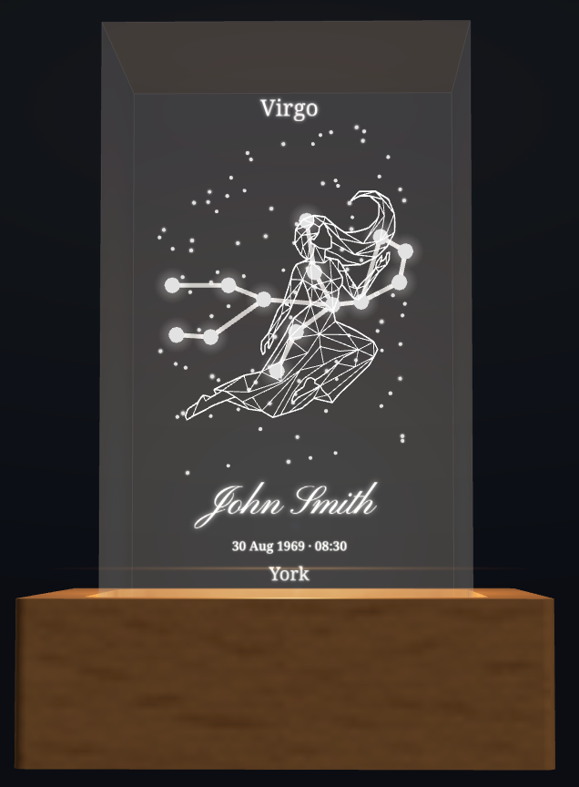 Personalised Virgo zodiac crystal design with name and birth details; shown with optional wooden light box base