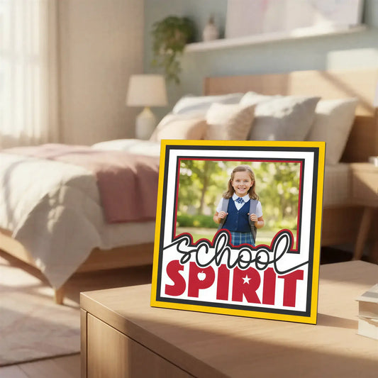 Decorative graphic with 'School Spirit' text and border on a white background