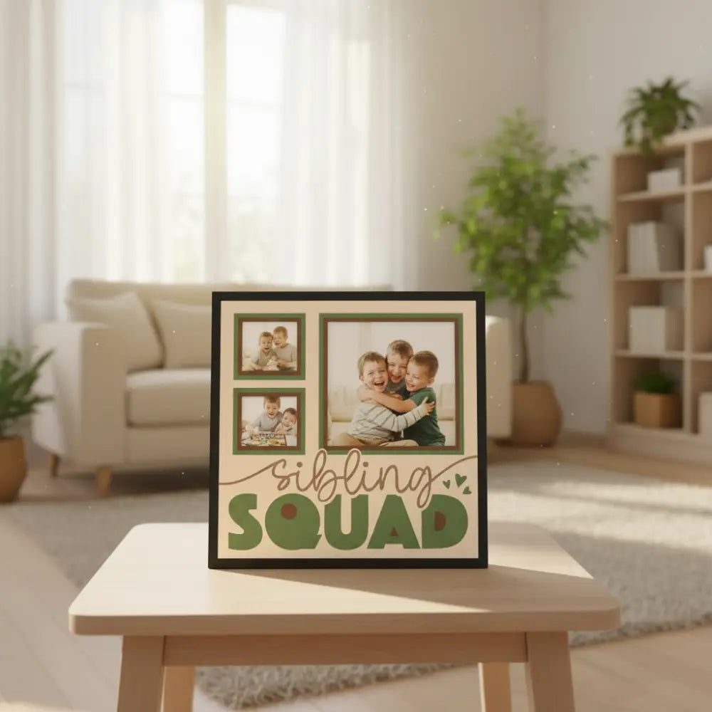 Decorative layout with 'sibling squad' text and three square frames on a beige background.