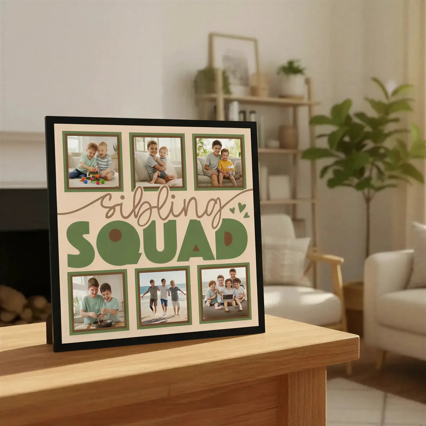 Decorative paper with 'sibling SQUAD' text and photo frames on a beige background