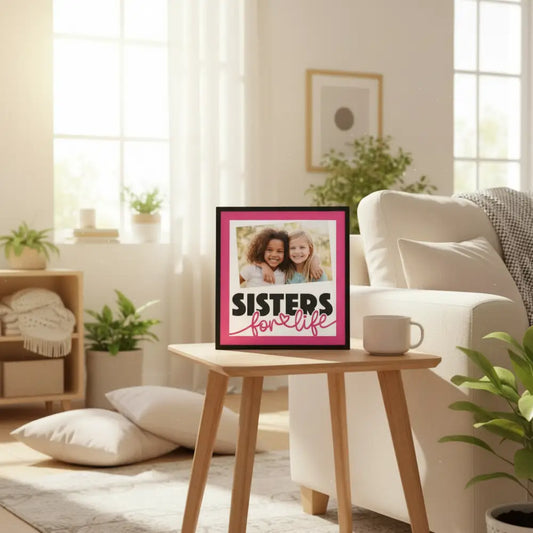 Text 'SISTERS for life' with a pink and black design on a white background