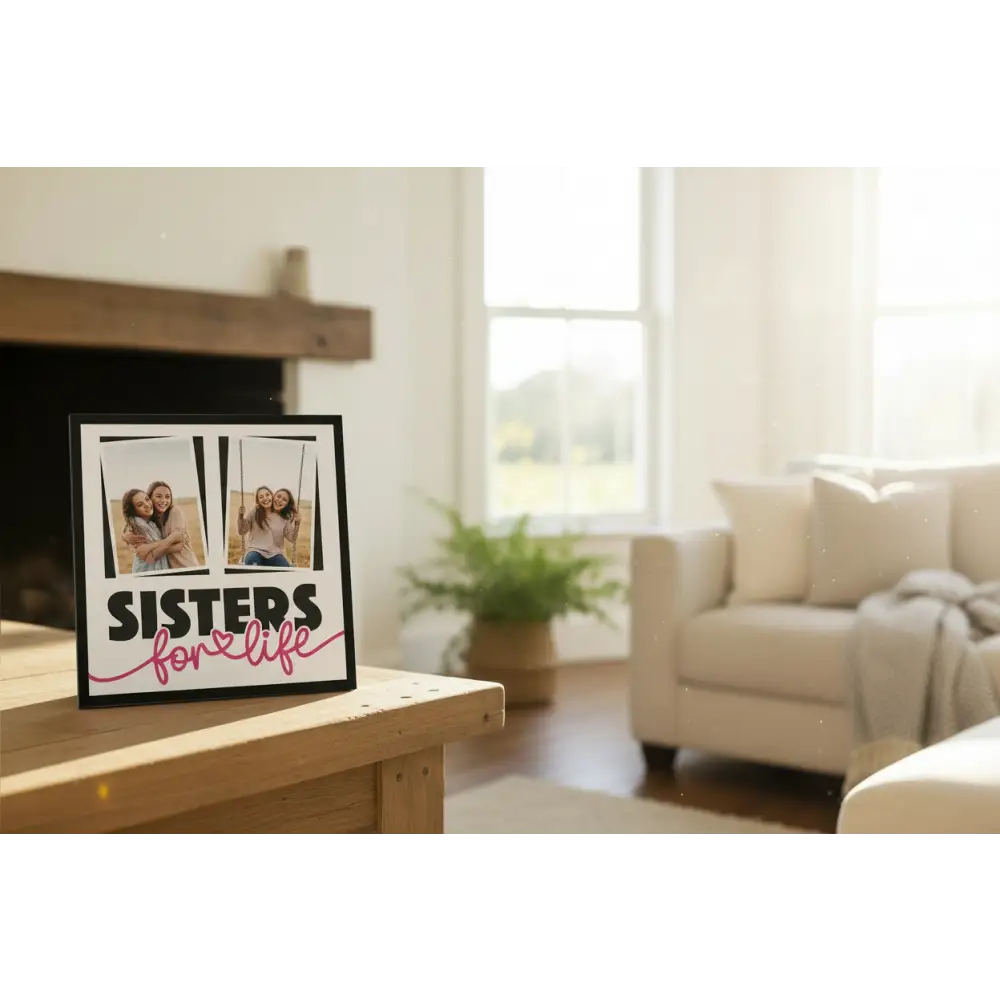 Decorative design with 'SISTERS for life' text and pink frames on a white background