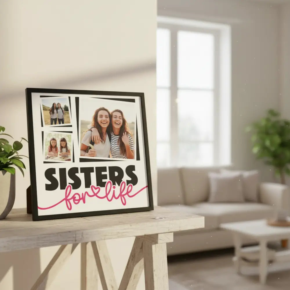 Design with 'SISTERS for life' text and pink heart on a white background