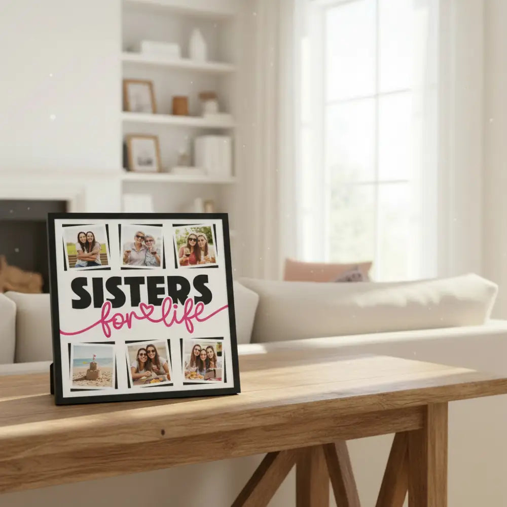 Design with 'SISTERS for life' text surrounded by pink and black frames on a white background.
