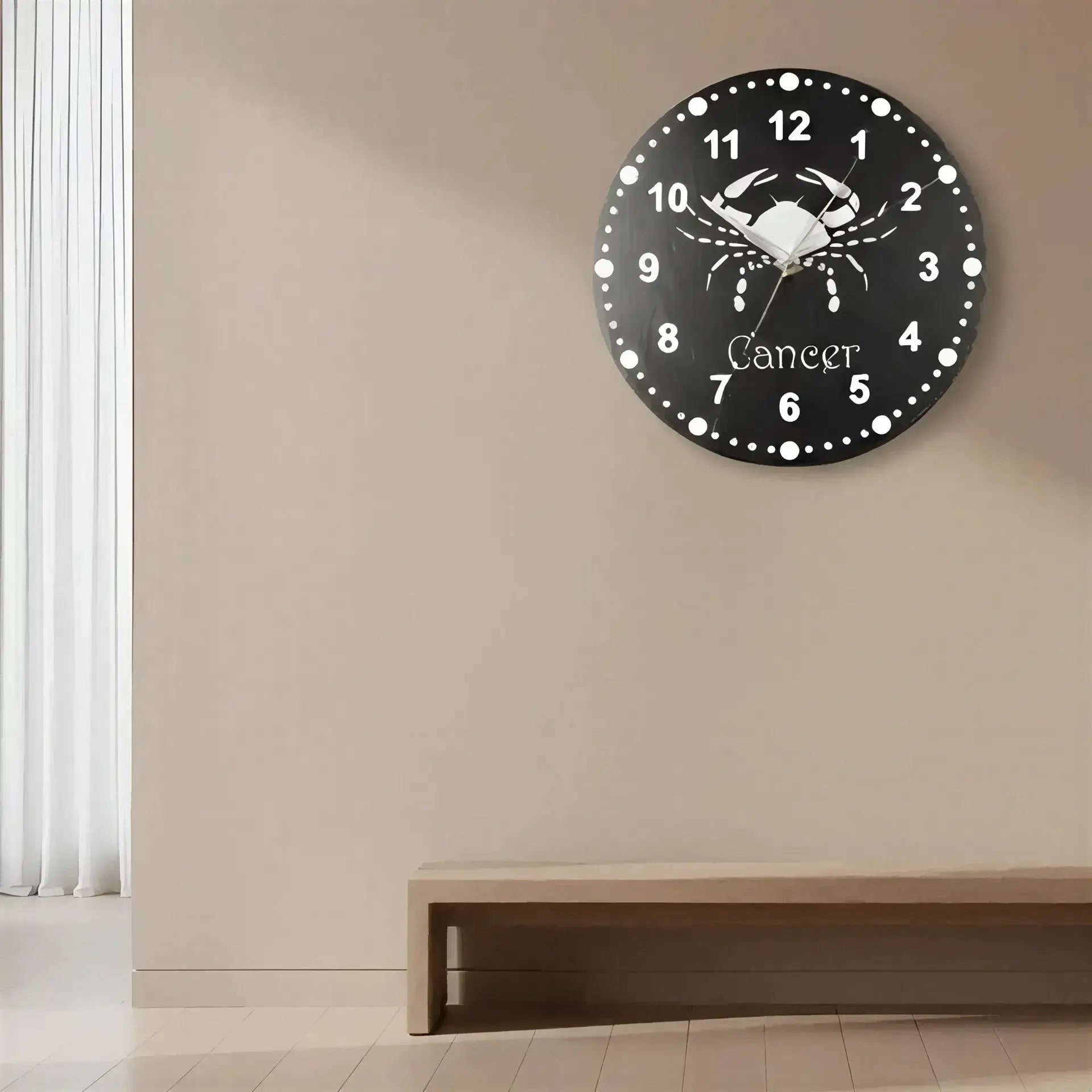 Round slate clock face with a crab design and 'Cancer' text on a black background