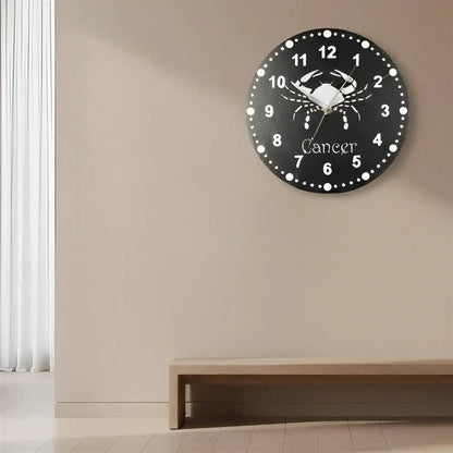 Round slate clock face with a crab design and 'Cancer' text on a black background