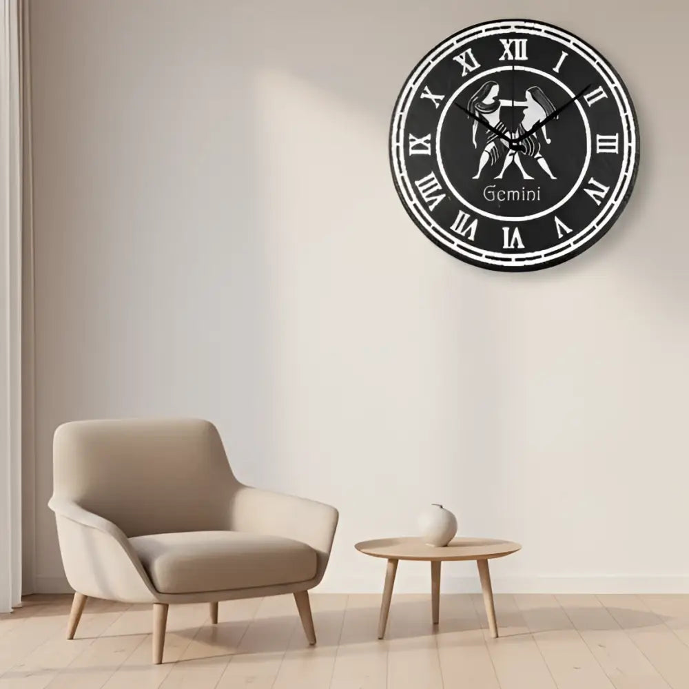 Zodiac sign of Gemini with Roman numerals on a slate circular design.