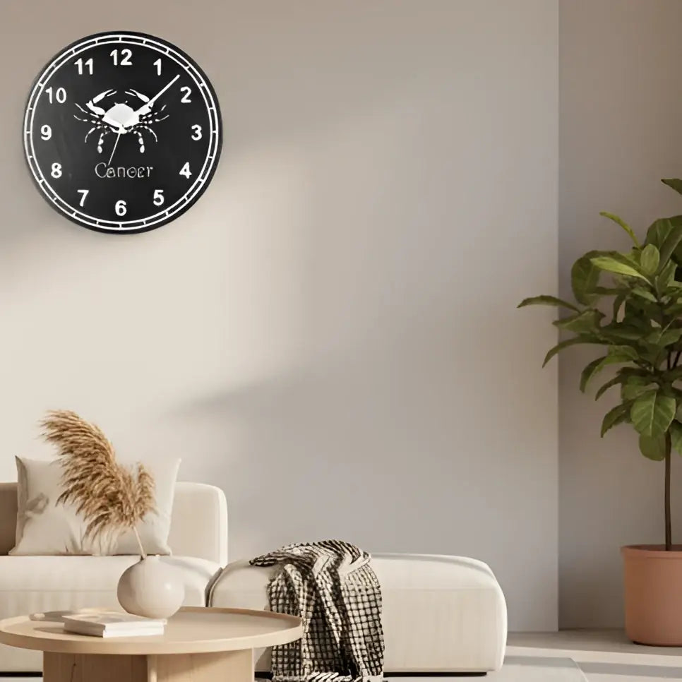 Slate Clock face with a crab symbol and 'Cancer' text on a black background