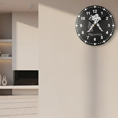 Decorative Slate clock face with Aquarius zodiac sign design on a black background