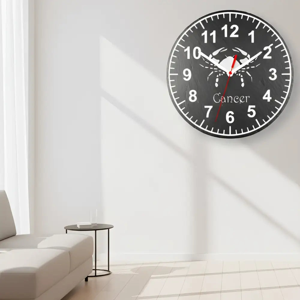Slate Clock with a crab design and 'Cancer' text on a black background