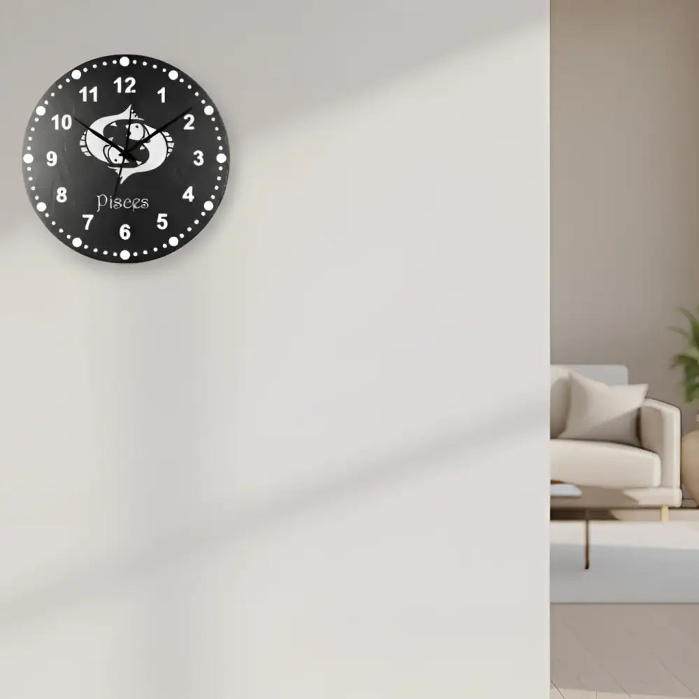 Slate Clock face with Pisces zodiac sign design on a black background