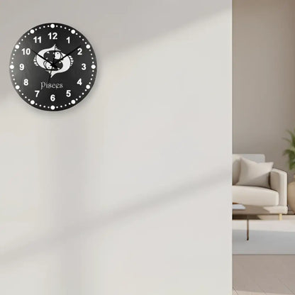 Slate Clock face with Pisces zodiac sign design on a black background