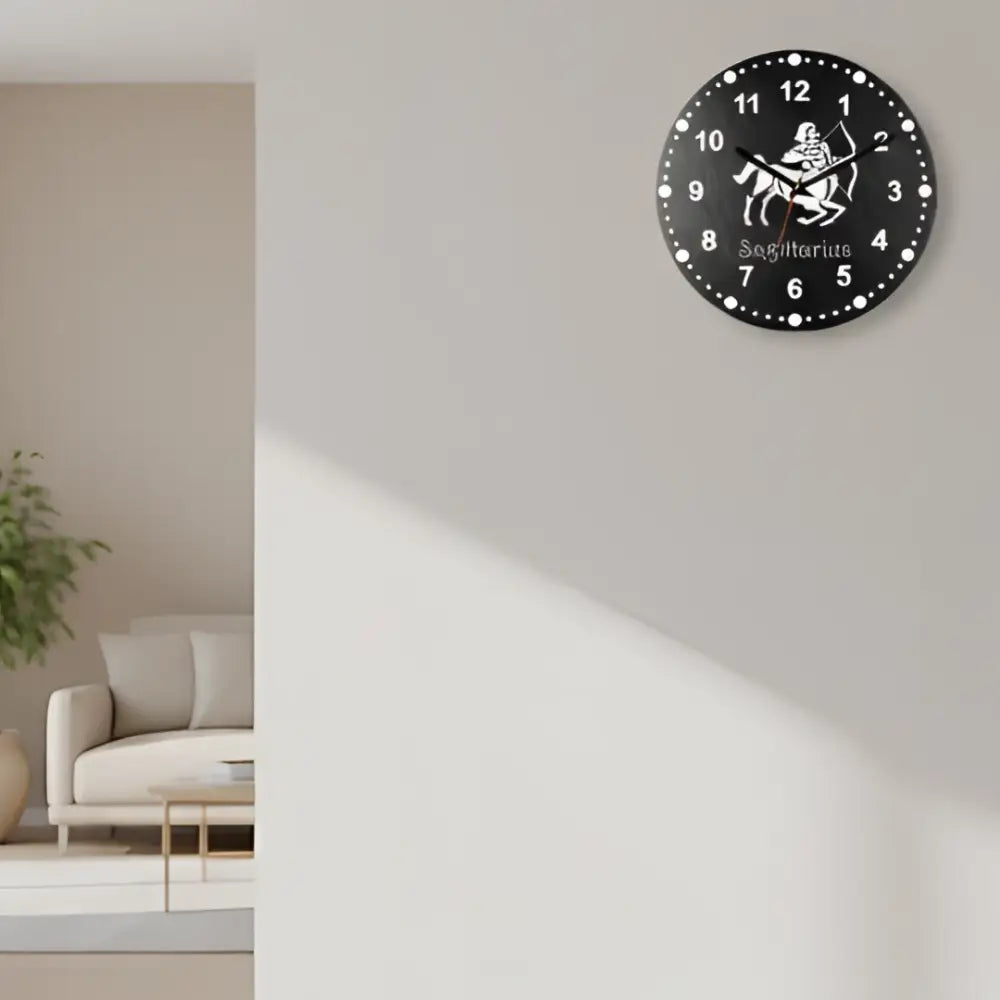 Sagittarius zodiac sign on a slate clock face with black background