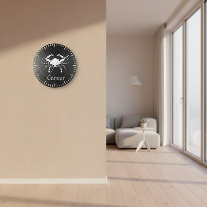 Round slate Clock with a white crab design and 'Cancer' text on a gray background