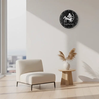 Modern interior with a wall clock, chair, and small table.