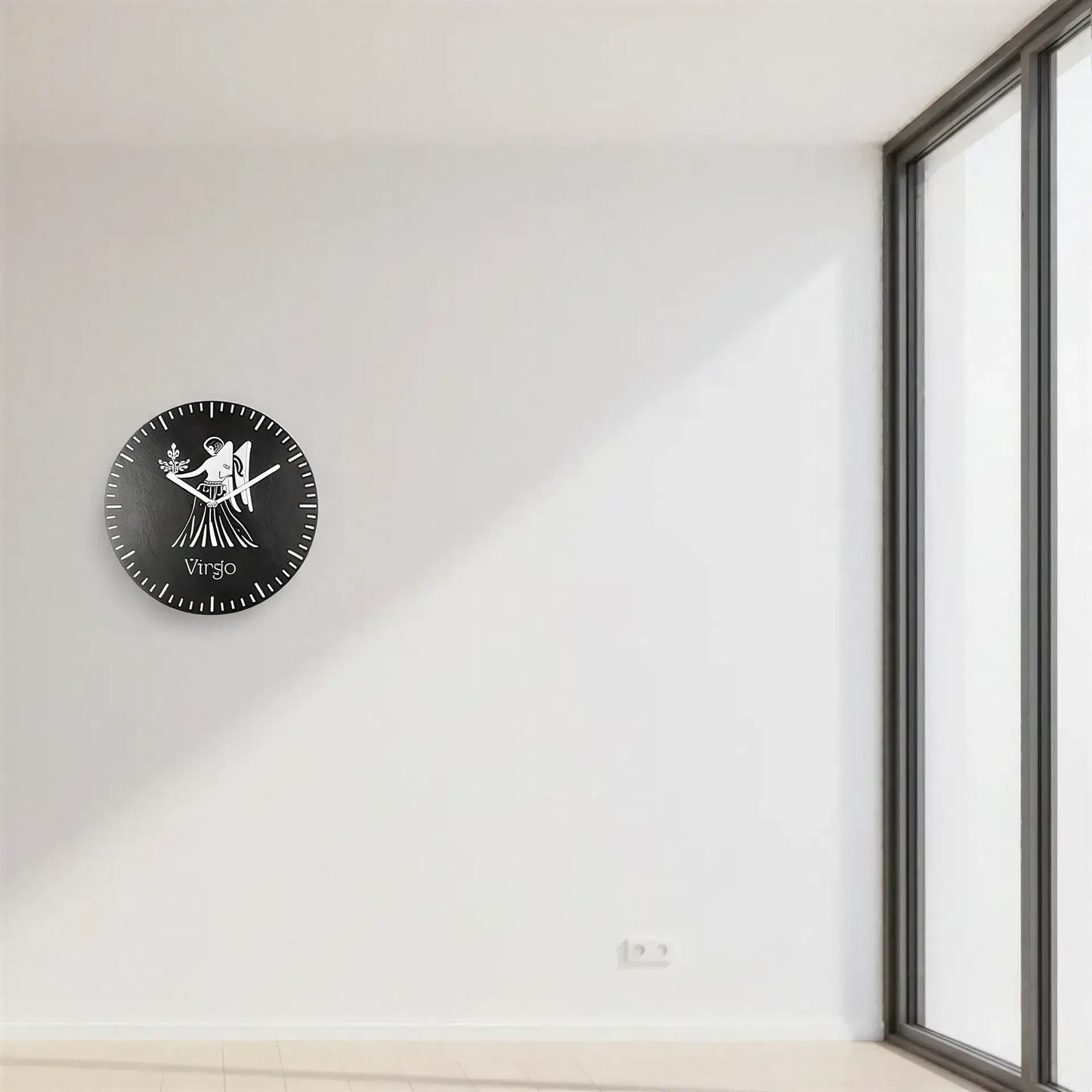Circular slate Clock with Virgo zodiac design on a grid background