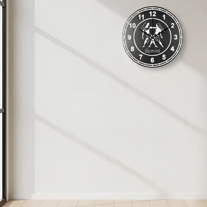 Slate Clock with Gemini zodiac sign design on a black background