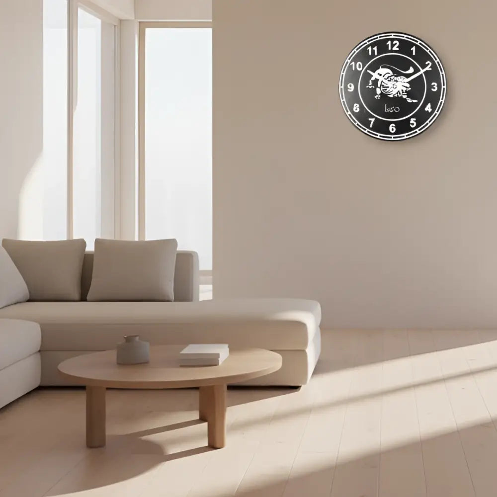 Circular Slate clock with Leo zodiac sign design on a black background