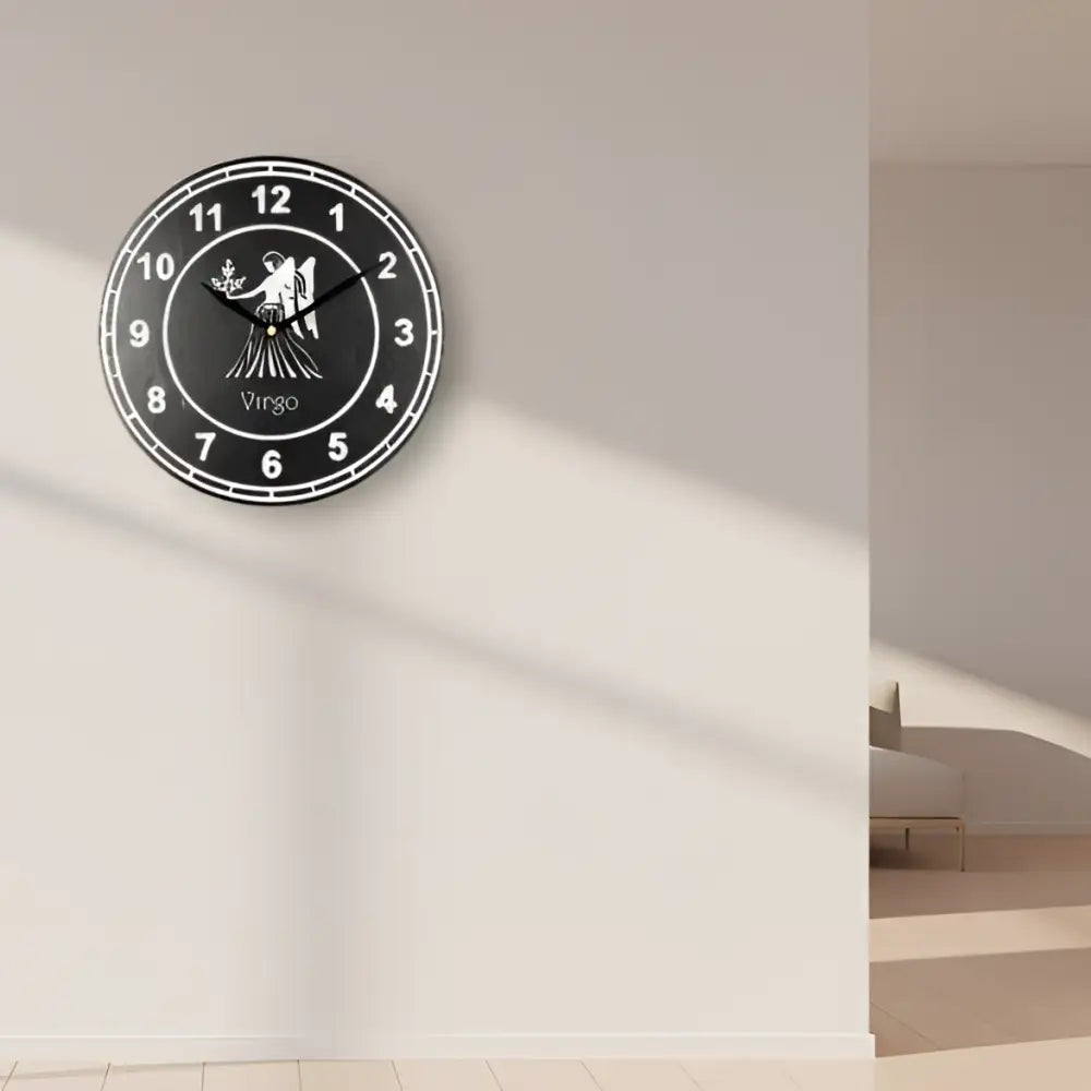 Clock face with Virgo zodiac sign illustration on a black slate background