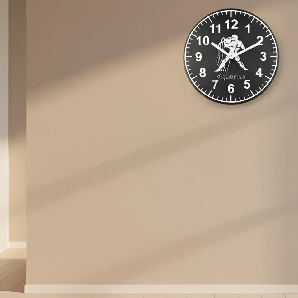 Slate Clock face with Aquarius zodiac sign illustration on a grid background