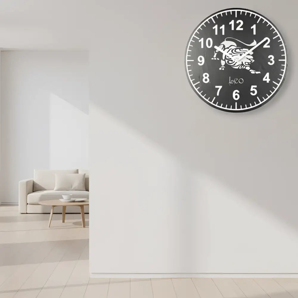 Circular design with a lion illustration and Slate clock background