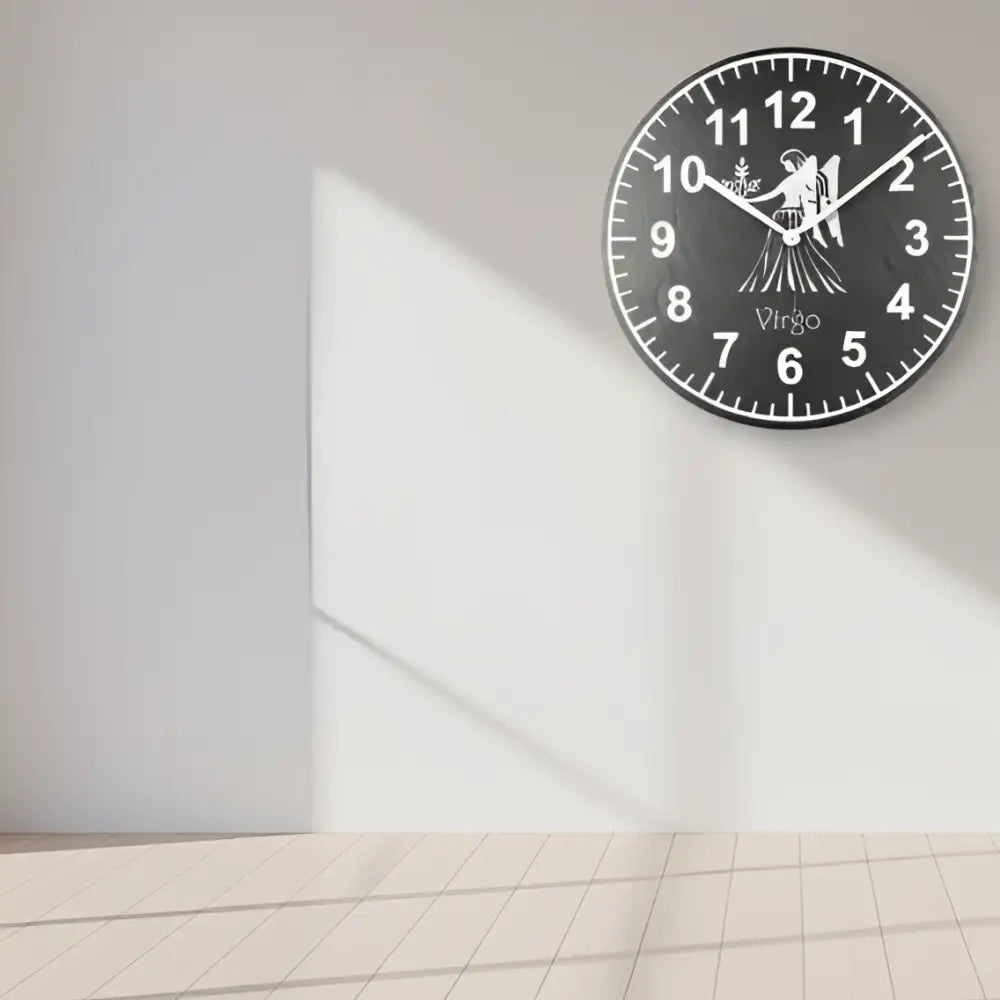 Slate Clock face with Virgo zodiac sign illustration on a checkered background