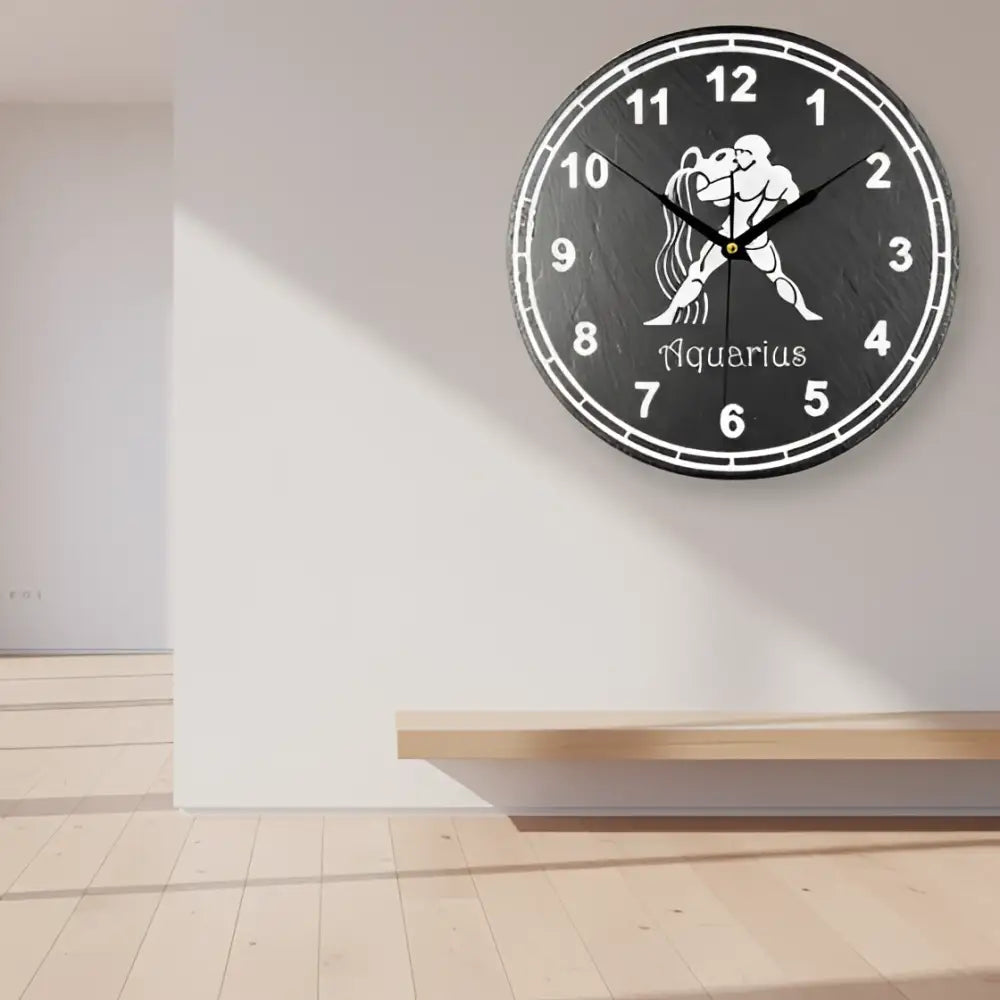 Slate Clock face with Aquarius zodiac sign symbol on a dark background