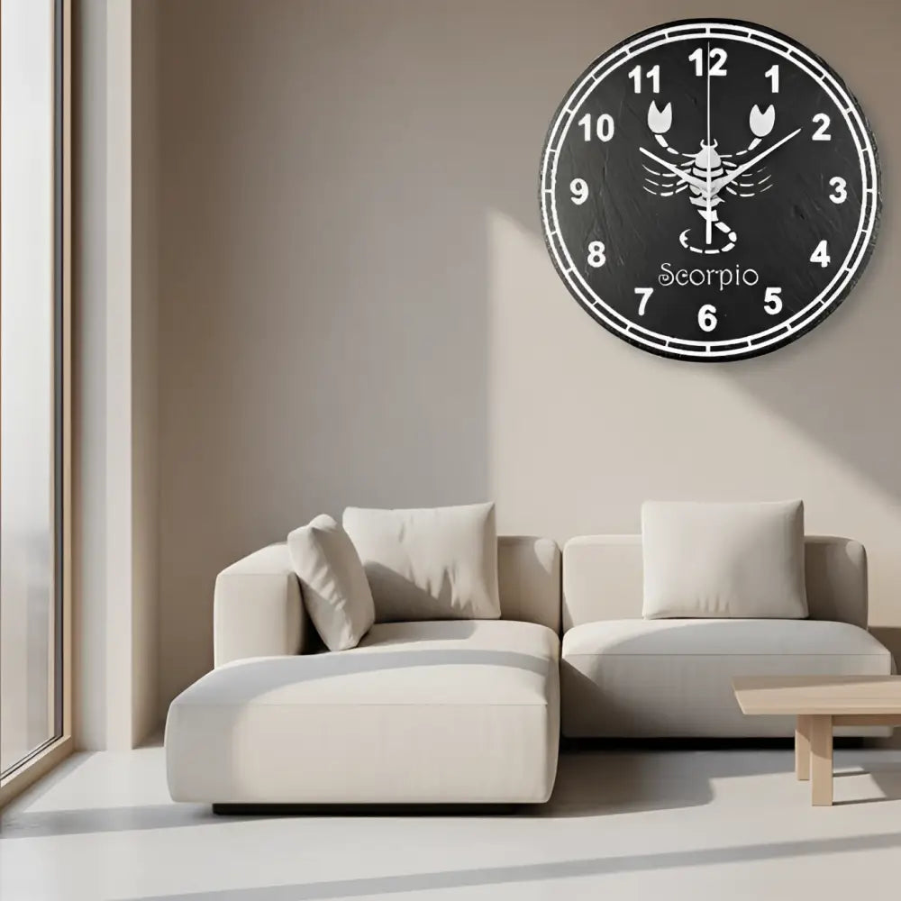 Decorative Slate clock face with Scorpio zodiac symbol on a dark background