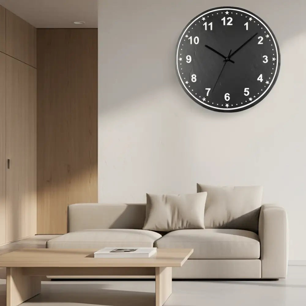 Black slate clock face with white numbers and stars on a grid background