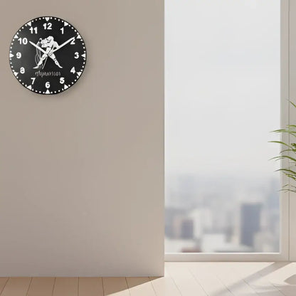 Slate clock face with Aquarius zodiac sign illustration on a grid background
