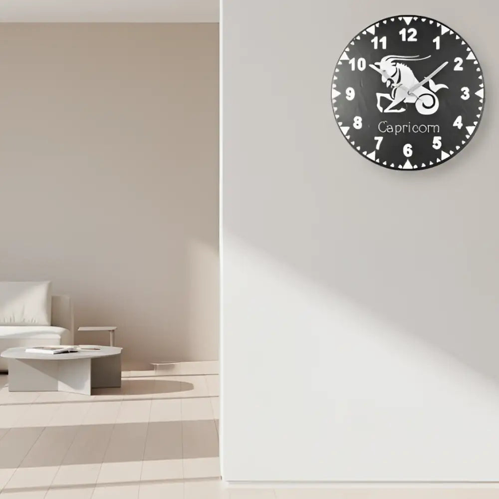 Slate clock face with Capricorn zodiac symbol and numbers on a grid background