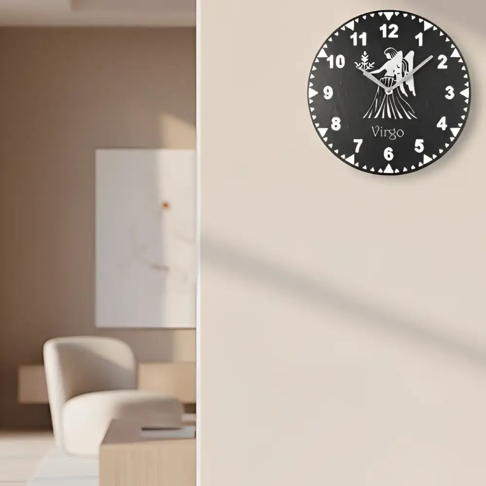 Slate clock face with Virgo zodiac sign illustration on a grid background