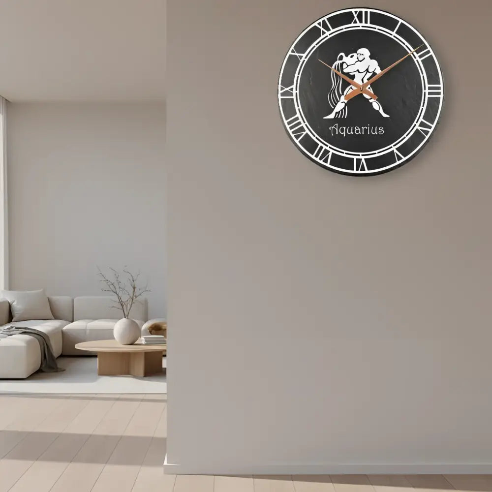 Aquarius zodiac sign symbol on a circular slate background with Roman numeral design
