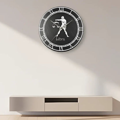 Libra zodiac sign symbol on a slate circular design with Roman numerals