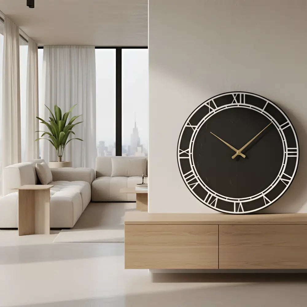 Round black slate with Roman numeral design on a white background