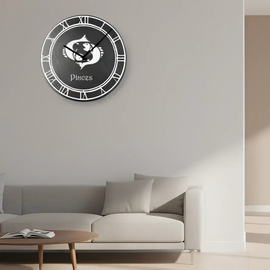 Pisces zodiac sign symbol on a circular slate board with Roman numeral border.