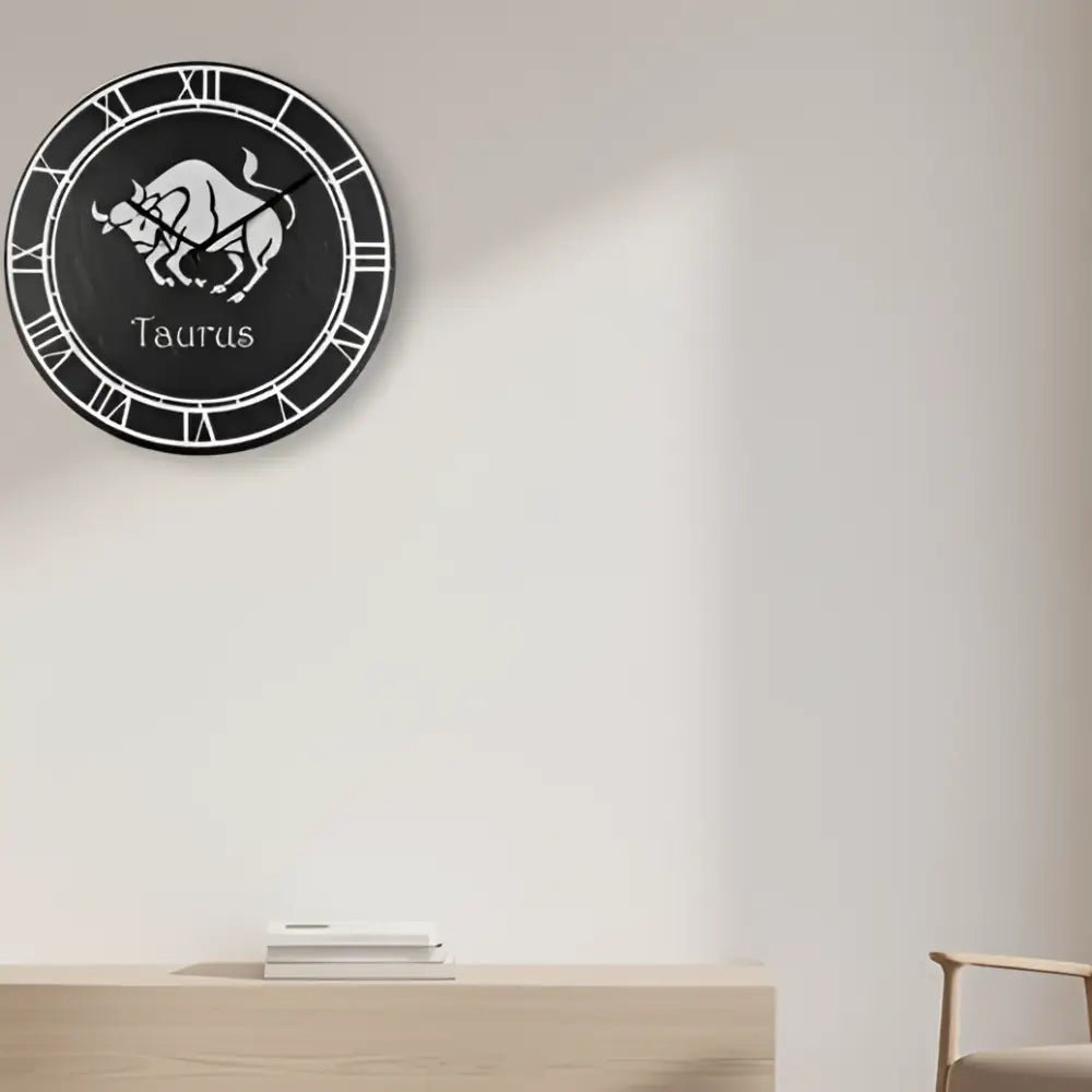Taurus zodiac sign symbol on a slate circular background with Roman numeral border