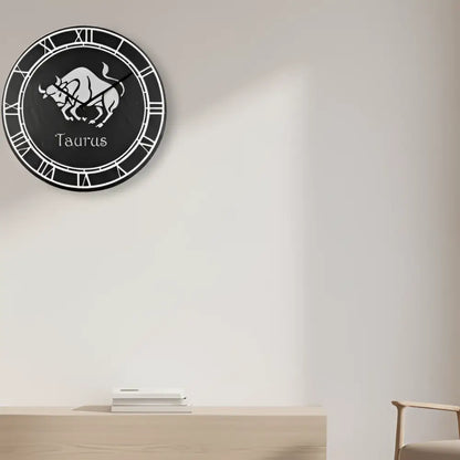 Taurus zodiac sign symbol on a slate circular background with Roman numeral border