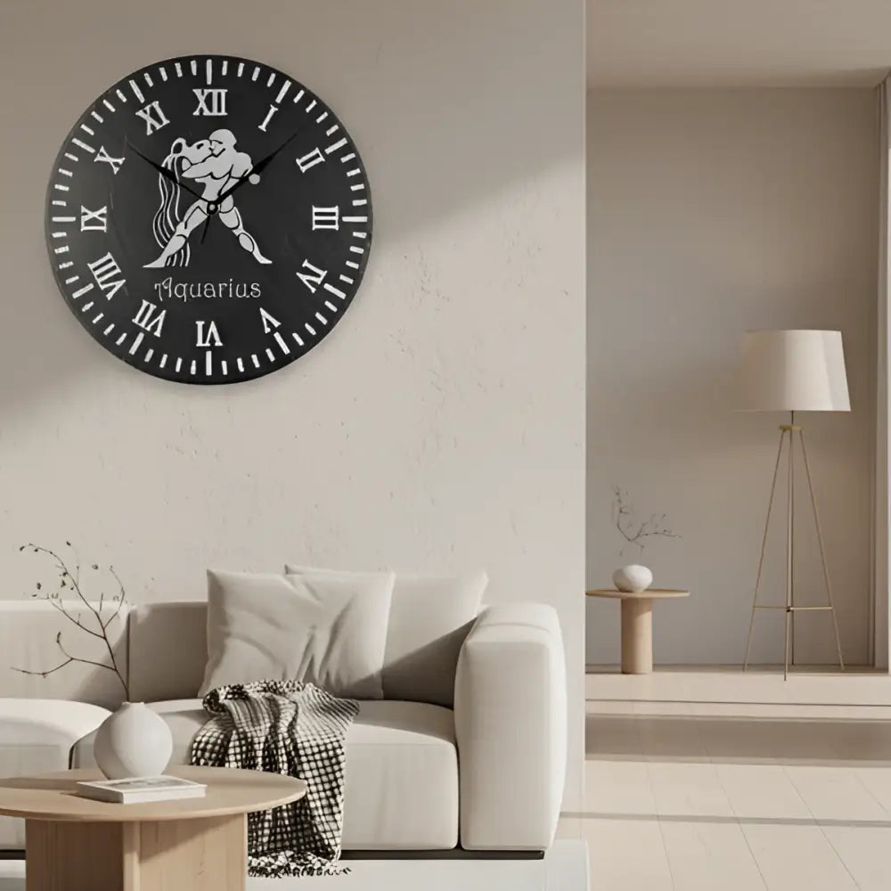 Decorative slate clock face with Aquarius zodiac symbol and Roman numerals on a grid background